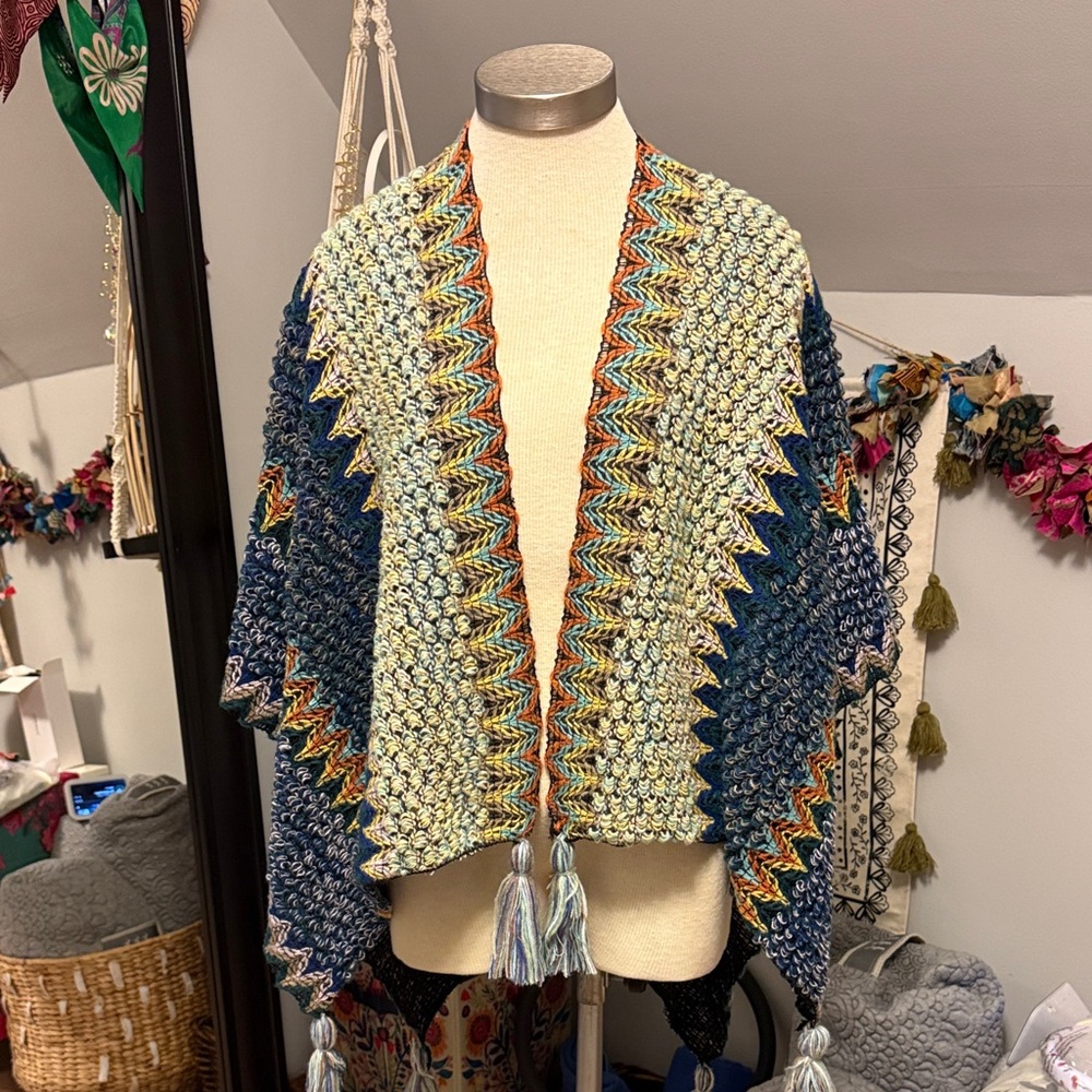 Multicolor Knit Blanket Shawl, Cape, Wrap - Picture 2 of 7